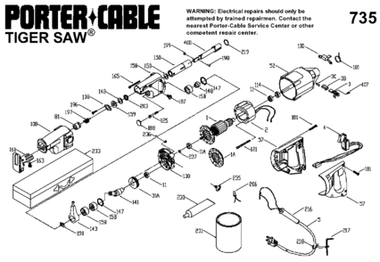 Default Diagram and Parts List for PC9735 Type 1 Porter Cable Reciprocating Saw
